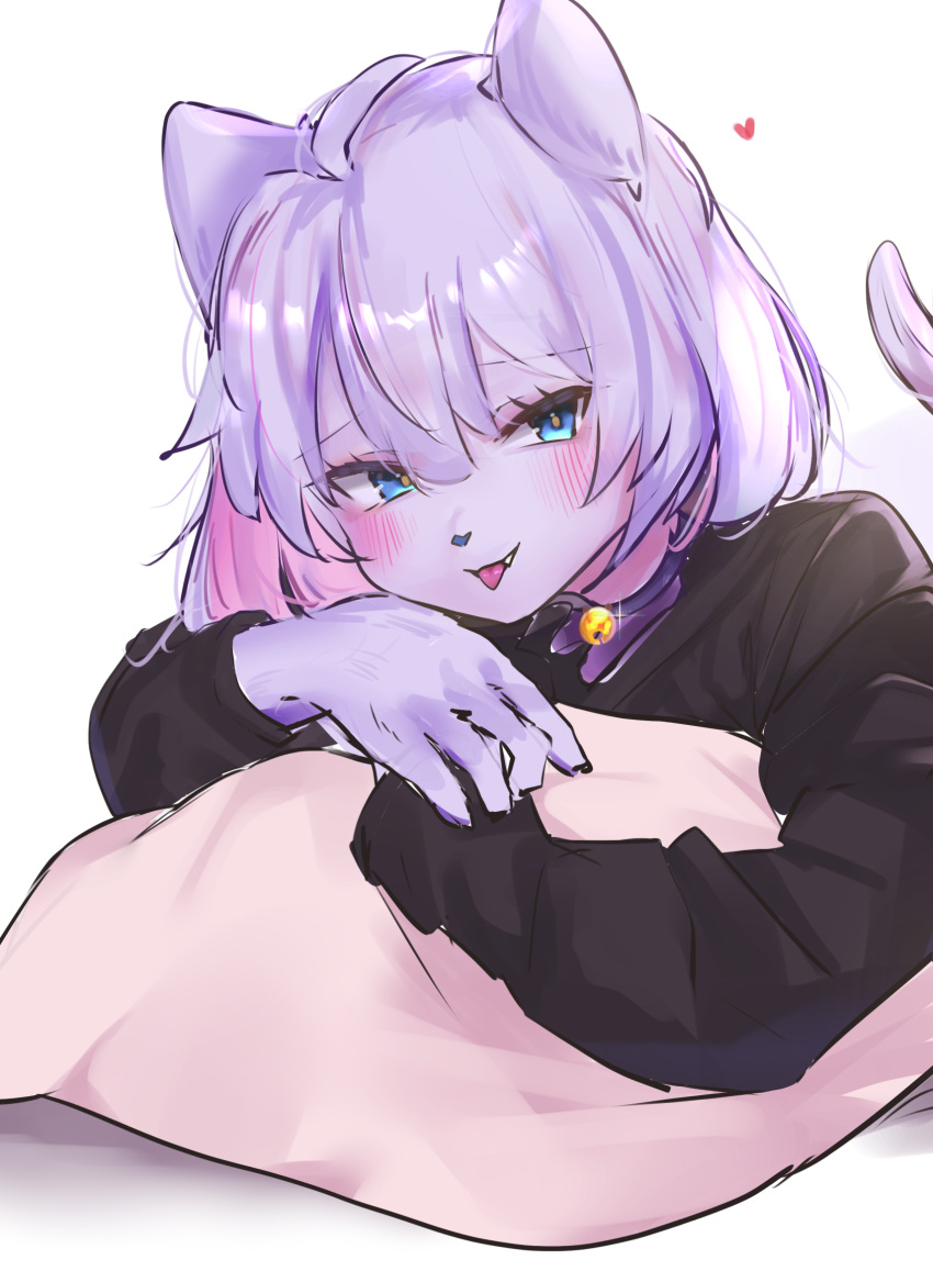 1girl animal_ears animal_nose bangs bell black_sweater blue_eyes blush body_fur cat_ears cat_girl cat_tail choker furry furry_female heart highres holding holding_pillow looking_at_viewer neck_bell original pillow portrait purple_choker redtiger_(ppalgang17) sketch smile solo sweater tail white_background