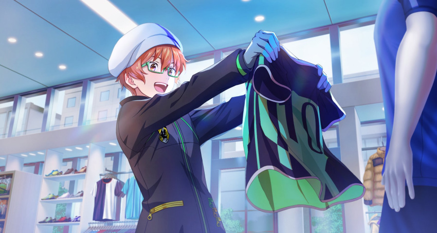 1boy aoi_kyosuke clothes_hanger coat glasses gloves hair_between_eyes hat highres holding holding_clothes holding_shirt idolmaster idolmaster_side-m idolmaster_side-m_growing_stars indoors long_sleeves male_focus official_art open_mouth orange_hair pocket shirt shoes shop smile teeth third-party_source upper_teeth white_headwear zipper