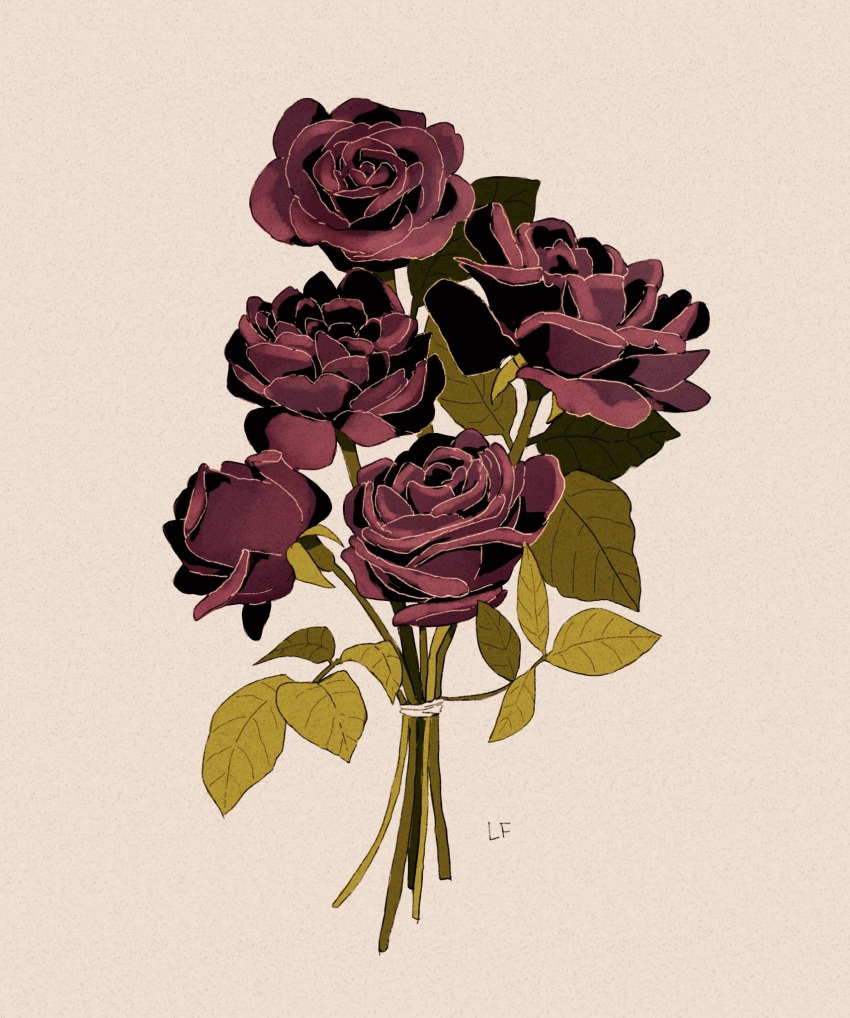 bouquet commentary commission english_commentary flower grey_background highres leaf libbyframe no_humans original plant purple_flower purple_rose rose signature simple_background still_life