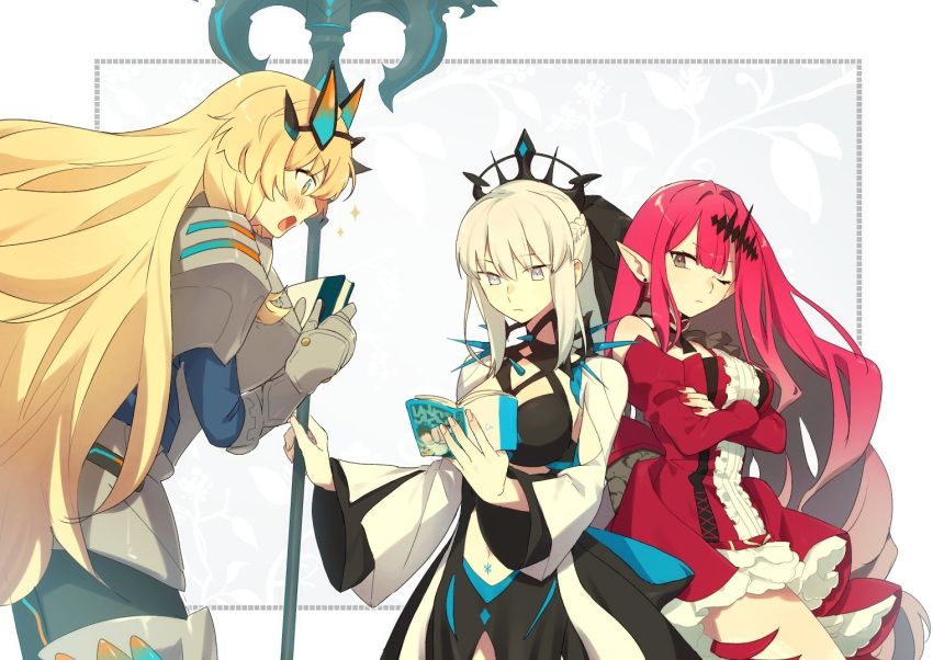 3girls armor armored_gloves bangs bare_shoulders black_bow black_choker black_dress blonde_hair blue_jacket blue_pants blush book bow breasts choker closed_mouth crown dress fairy_knight_gawain_(fate) fairy_knight_tristan_(fate) fate/grand_order fate_(series) green_eyes grey_hair hair_bow holding holding_book holding_staff jacket kabutomushi_s long_dress long_hair long_sleeves medium_breasts morgan_le_fay_(fate) multicolored_eyes multiple_girls one_eye_closed open_clothes open_dress open_mouth pants pink_choker pink_dress pink_hair staff very_long_hair white_background