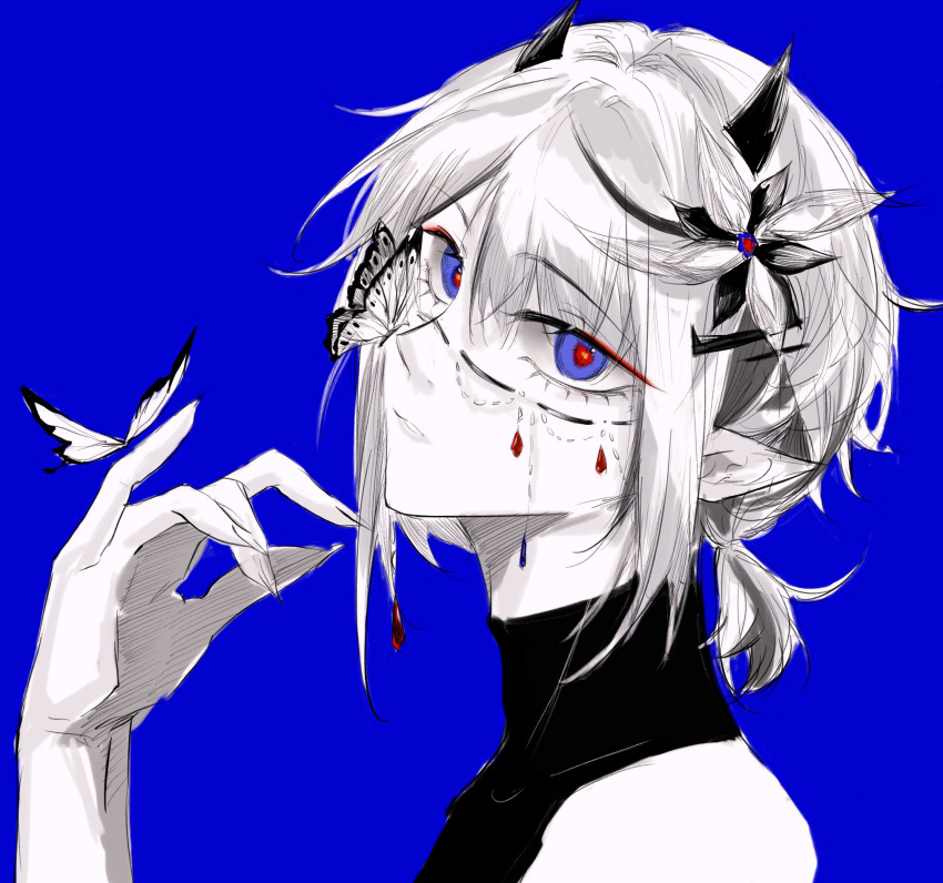 1boy animal_ears bishounen blue_eyes bug butterfly butterfly_on_hand butterfly_on_nose eyeshadow fake_animal_ears hair_ornament hairclip highres indie_virtual_youtuber makeup male_focus monochrome partially_colored red_eyeshadow solo virtual_youtuber whale_taylor xxjjww5