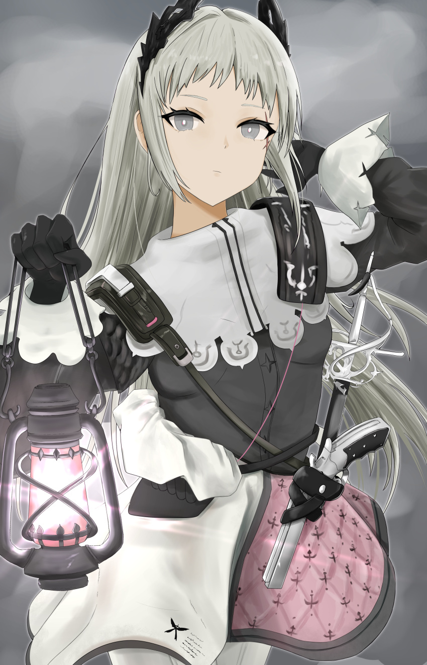 1girl absurdres arknights black_gloves black_jacket capelet closed_mouth commentary_request gloves grey_eyes grey_hair hand_up highres holding holding_lantern irene_(arknights) jacket lantern long_sleeves looking_at_viewer pantyhose pleated_skirt puffy_long_sleeves puffy_sleeves skirt solo sora_mame_(princess_0sora) white_capelet white_pantyhose white_skirt