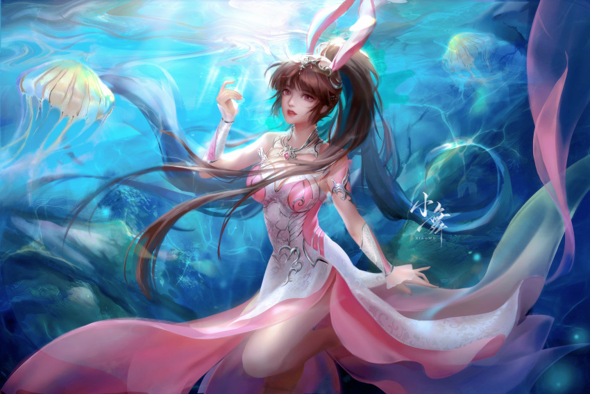 1girl absurdres animal_ears artist_request breasts brown_hair bubble collar douluo_dalu dress hair_ornament highres index_finger_raised jellyfish leg_up light_rays long_hair medium_breasts metal_collar pantyhose parted_lips pink_dress ponytail rabbit_ears second-party_source shiny shiny_hair solo teeth underwater white_pantyhose xiao_wu_(douluo_dalu)