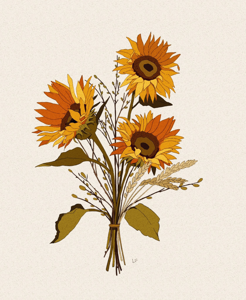 bouquet commentary english_commentary flower flower_focus highres leaf libbyframe no_humans original plant signature simple_background still_life sunflower twig wheat yellow_flower