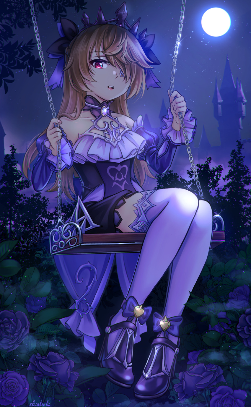 1girl absurdres asymmetrical_legwear bangs blonde_hair blurry commentary depth_of_field detached_sleeves dress eyepatch fischl_(ein_immernachtstraum)_(genshin_impact) fischl_(genshin_impact) flower forest frilled_dress frills full_body full_moon genshin_impact hair_over_one_eye highres holding horizon lili_messaina long_hair long_sleeves looking_at_viewer mismatched_legwear moon moonlight nature night night_sky official_alternate_costume parted_lips purple_flower purple_rose red_eyes rose sidelocks sitting sky solo star_(sky) starry_sky swing thigh-highs tiara tree white_thighhighs zettai_ryouiki
