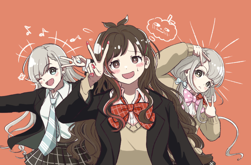 3girls ;d akaringoniwaka alternate_costume antenna_hair asymmetrical_bangs bangs blazer blush bow bowtie braid braided_bangs bright_pupils brown_hair cardigan double_v embarrassed fingernails flying_sweatdrops grey_hair hair_ornament hairpin hisakawa_hayate hisakawa_nagi idolmaster idolmaster_cinderella_girls jacket loose_bowtie loose_necktie multicolored_hair multiple_girls musical_note nail_polish necktie notice_lines one_eye_closed red_eyes school_uniform simple_background smile streaked_hair sweatdrop tsujino_akari upper_body v wavy_hair