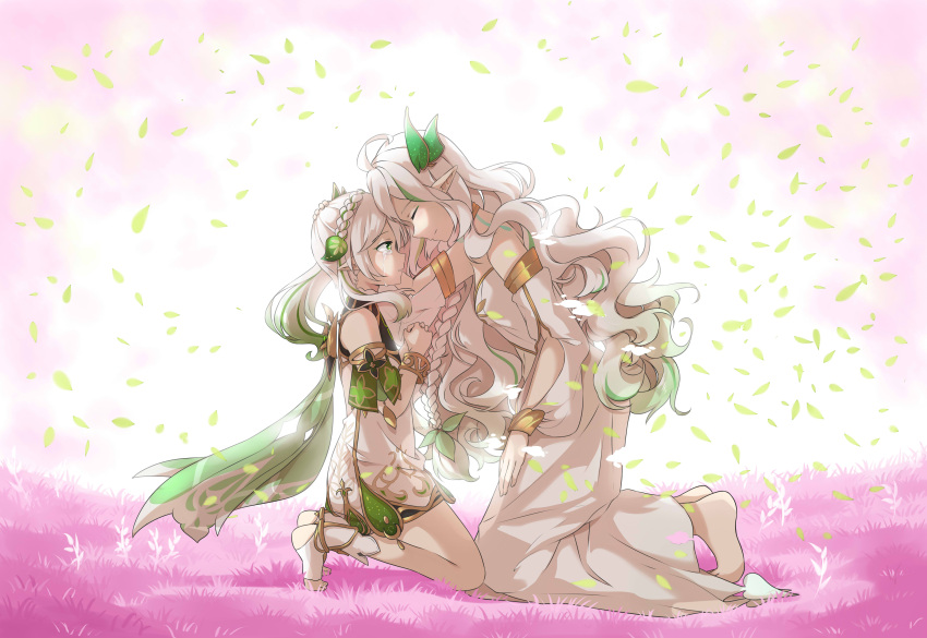 2girls absurdres bangs bracelet braid candy_rimo cape choker commentary crying crying_with_eyes_open detached_sleeves dress english_commentary falling_petals from_side genshin_impact gradient_hair green_eyes hair_between_eyes hair_ornament headpat heads_together height_difference highres jewelry kneeling long_hair long_sleeves looking_at_another multicolored_hair multiple_girls nahida_(genshin_impact) own_hands_clasped own_hands_together parted_lips petals pointy_ears rukkhadevata_(genshin_impact) short_sleeves side_ponytail sidelocks single_braid stirrup_legwear symbol-shaped_pupils tattoo tears toeless_legwear toes white_dress white_hair