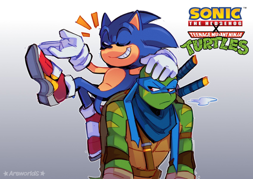 2boys arsworlds blue_hair closed_mouth commentary crossover furry furry_male gloves hand_on_another's_head highres katana leonardo_(tmnt) male_focus mask multiple_boys ninja red_eyes shoes sigh simple_background smile sonic_(series) sonic_the_hedgehog sword tail teenage_mutant_ninja_turtles teeth turtle weapon white_gloves