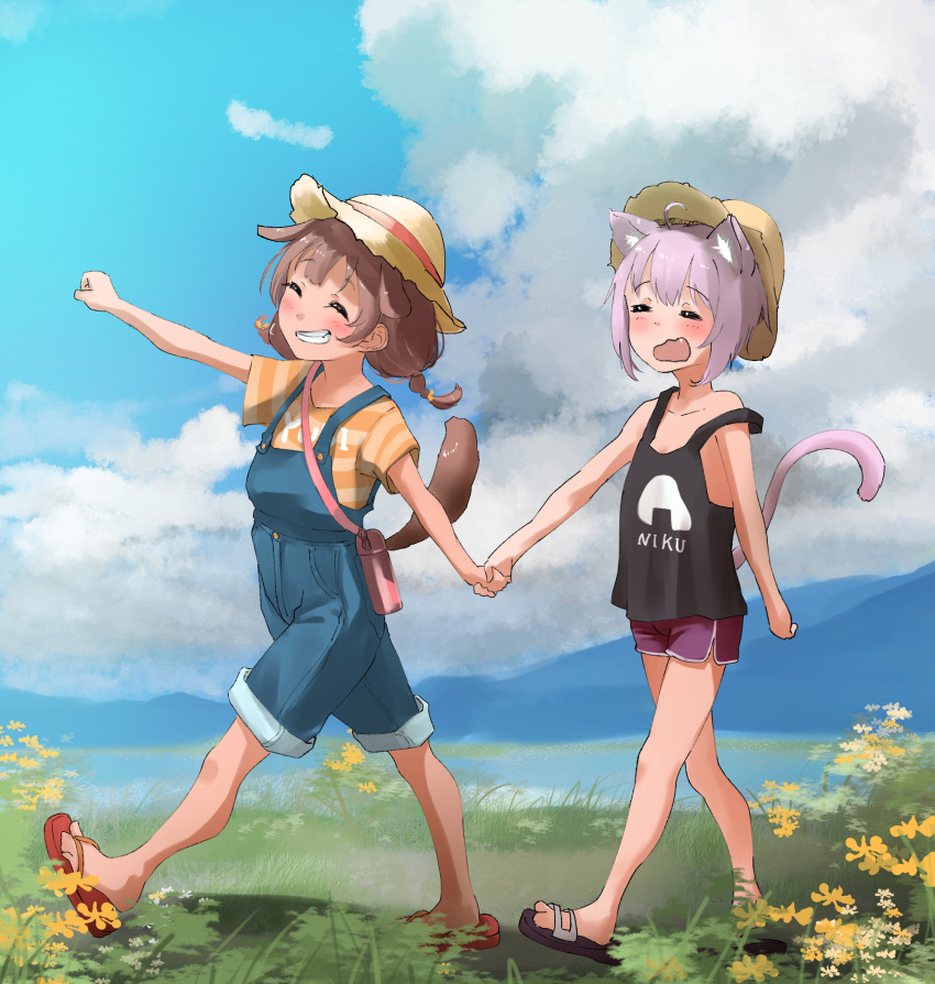 2girls aged_down animal_ears black_tank_top blue_overalls blue_sky braid brown_hair cat_ears cat_girl cat_tail closed_eyes clouds dog_ears dog_girl dog_tail dolphin_shorts fang flip-flops flower grass grin hat highres holding_hands hololive inugami_korone low_twin_braids mountain multiple_girls nekomata_okayu overalls overalls_rolled_up pink_hair sandals shirt shorts sky smile strap_slip striped striped_shirt sun_hat tail tama_(tamago) tank_top twin_braids virtual_youtuber wavy_mouth yawning yubi_yubi_(inugami_korone)