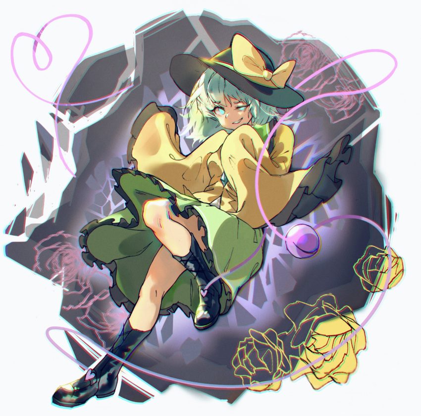 1girl absurdres black_footwear black_headwear boots bow buttons collar commentary_request diamond_button frilled_collar frilled_skirt frilled_sleeves frills green_eyes green_skirt hat hat_bow heart heart_of_string highres kino2435006 knees komeiji_koishi light_green_hair long_sleeves looking_at_viewer shirt short_hair skirt sleeves_past_fingers sleeves_past_wrists smug solo third_eye touhou wide_sleeves yellow_bow yellow_shirt