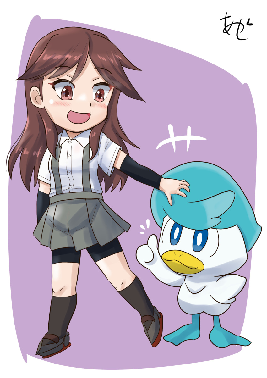 1girl akashieru arashio_(kancolle) arm_warmers artist_logo artist_name bird brown_eyes brown_hair collared_shirt commentary_request crossover dress_shirt duck full_body grey_skirt highres kantai_collection long_hair one-hour_drawing_challenge pleated_skirt pokemon pokemon_(creature) quaxly shirt short_sleeves skirt standing suspender_skirt suspenders white_shirt