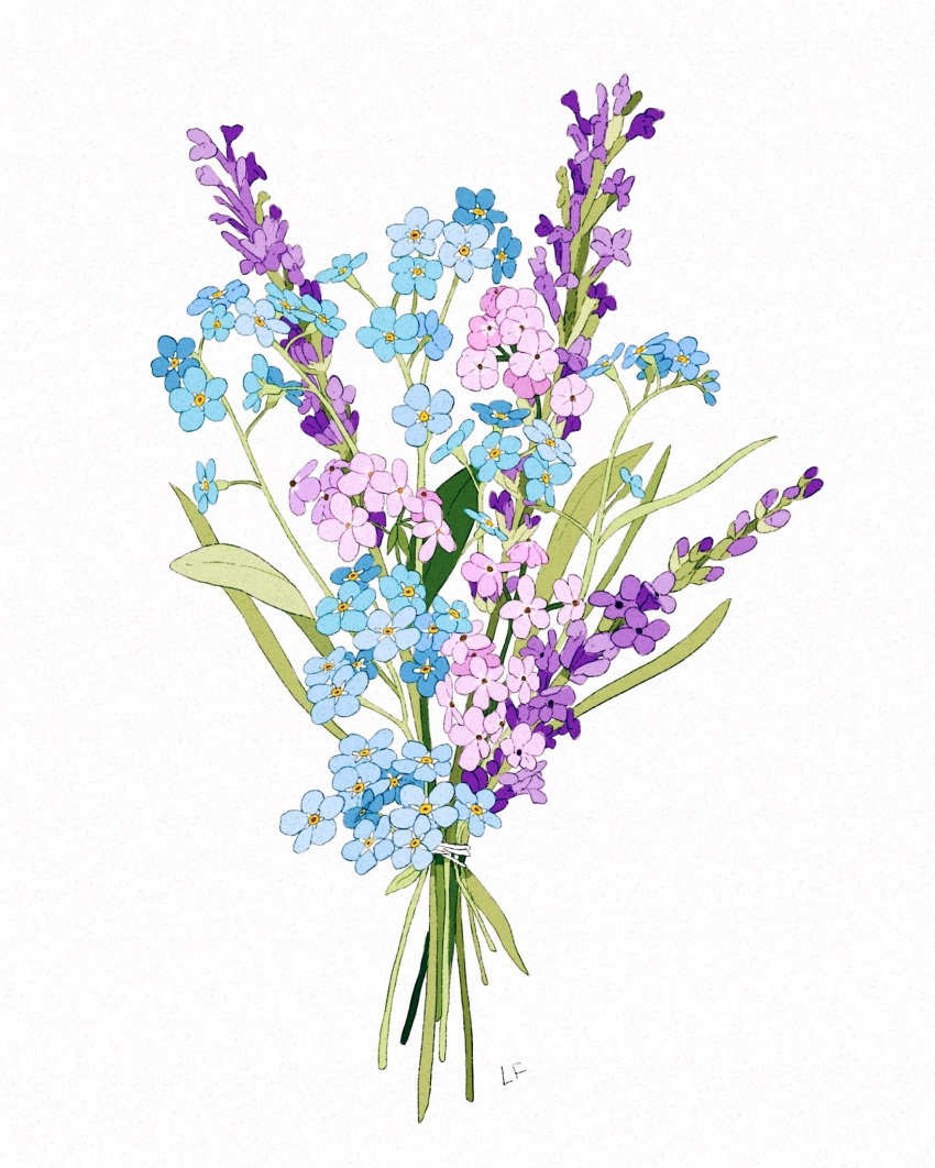blue_flower bouquet commentary english_commentary flower forget-me-not_(flower) highres leaf libbyframe no_humans original plant purple_flower signature simple_background still_life white_background