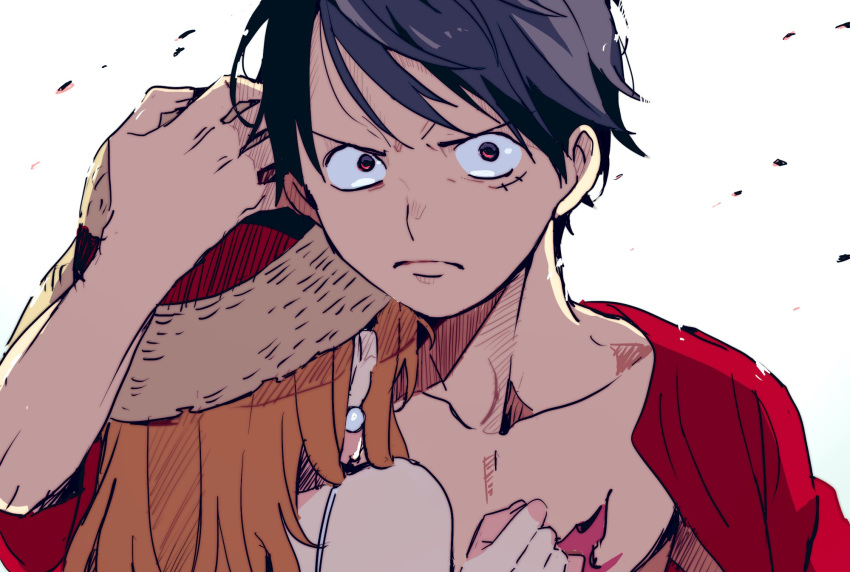1boy 1girl bare_shoulders black_hair chiya_op collarbone earrings hat highres holding_another's_head jewelry long_hair looking_at_viewer monkey_d._luffy nami_(one_piece) one_piece open_clothes open_shirt orange_hair pearl_earrings red_shirt scar scar_on_cheek scar_on_chest scar_on_face shirt straw_hat upper_body white_background