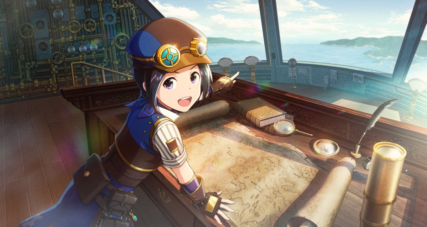 1boy black_hair blue_sky book clouds fingerless_gloves fingernails gloves goggles goggles_on_headwear hand_on_table hat highres idolmaster idolmaster_side-m idolmaster_side-m_growing_stars looking_at_viewer male_child male_focus map ocean official_art okamura_nao open_mouth pointing quill short_sleeves sky teeth upper_teeth