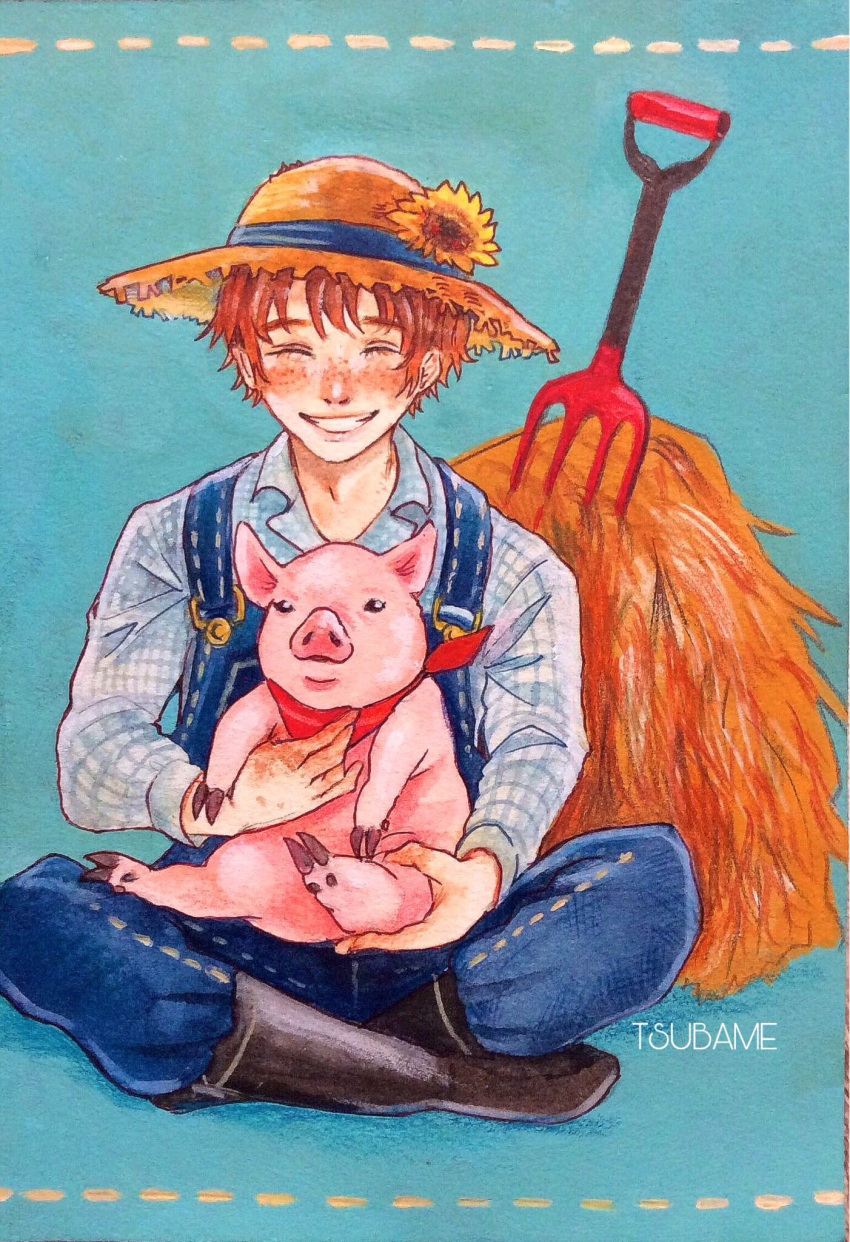 animal black_footwear blue_background blush boots closed_eyes denim facing_viewer flower freckles hat hat_flower hay highres holding holding_animal long_sleeves looking_at_viewer original overalls painting_(medium) pig pitchfork plaid plaid_shirt redhead shirt sitting smile solo straw_hat sun_hat traditional_media yamatotsubame
