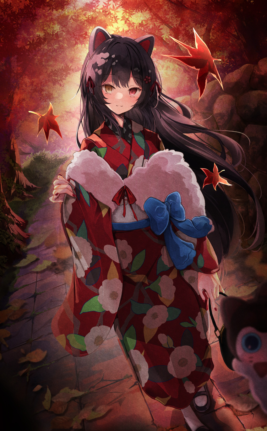 1girl absurdres animal_ears autumn_leaves bangs blush brown_hair closed_mouth dog_ears falling_leaves hair_ribbon heterochromia highres inui_toko japanese_clothes kimono leaf long_hair long_sleeves looking_at_viewer mika_uni nijisanji obi off_shoulder print_kimono red_eyes red_kimono red_nails ribbon sash solo very_long_hair virtual_youtuber yellow_eyes