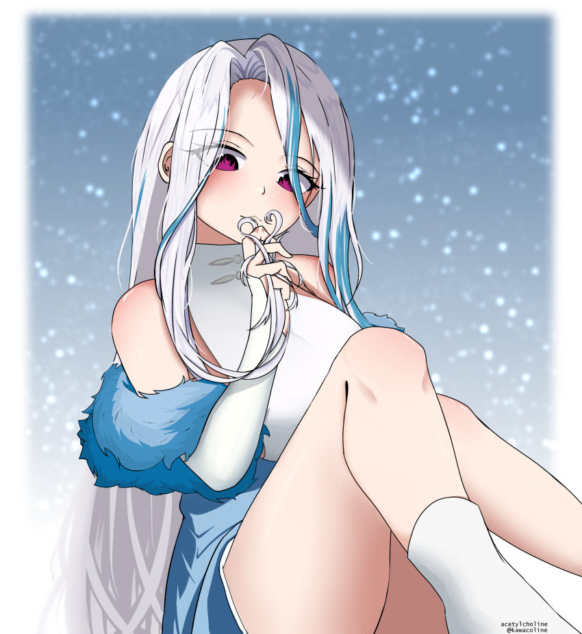 1girl absurdres acetylcholine breasts highres large_breasts light_blue_background long_hair looking_at_viewer snow socks thick_thighs thighs white_hair white_socks