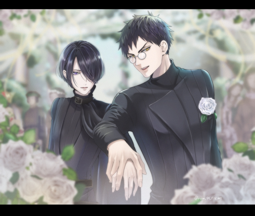 2boys baraou_no_souretsu black_cape black_shirt blurry cape faceless flower hair_over_one_eye henry_stafford_(baraou) highres holding_hands multiple_boys people pince-nez richard_iii_(baraou) rose rum_94 shirt short_hair upper_body violet_eyes white_flower white_rose yellow_eyes