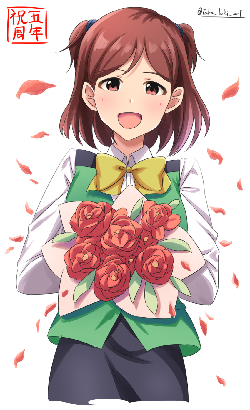 :d aoba_misaki artist_name black_skirt bouquet bow bowtie brown_eyes brown_hair green_vest highres holding holding_bouquet idolmaster idolmaster_million_live! long_sleeves looking_at_viewer petals simple_background skirt smile standing takatsuki_p two_side_up vest white_background yellow_bow yellow_bowtie