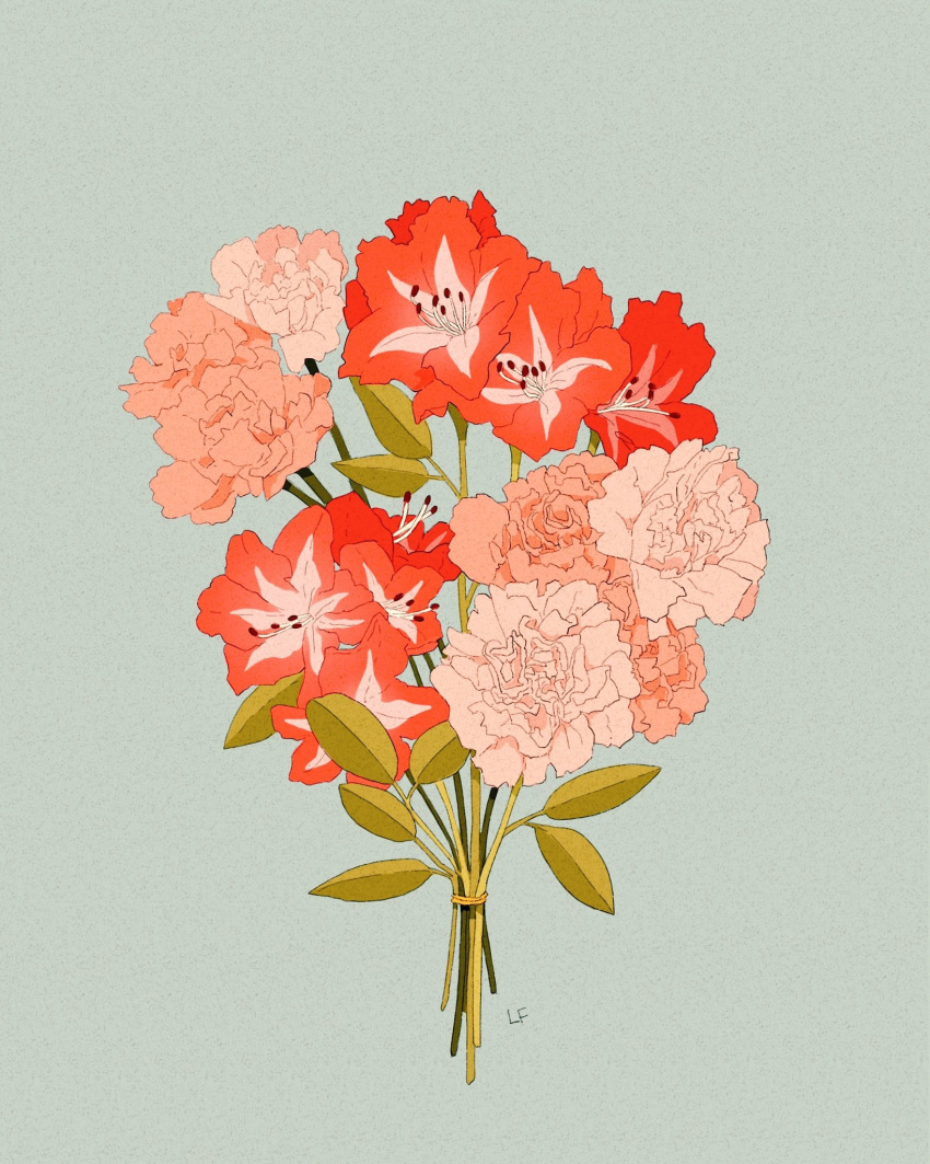 bouquet commentary english_commentary flower flower_request grey_background highres leaf libbyframe no_humans original pink_flower plant plant_request red_flower signature simple_background still_life