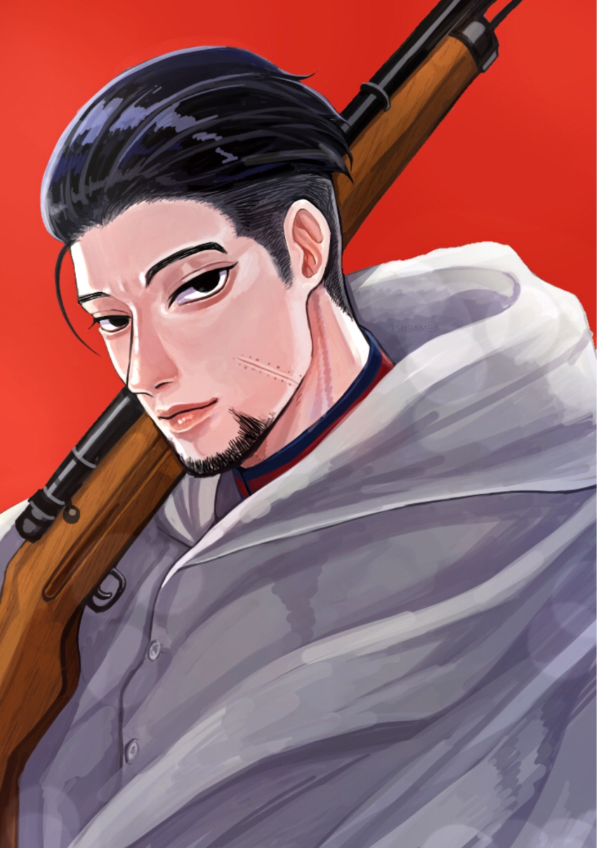 1boy black_eyes black_hair coat facial_hair golden_kamuy gun hair_slicked_back hair_strand highres looking_at_viewer male_focus ogata_hyakunosuke red_background rifle scar scar_on_cheek scar_on_face short_hair simple_background solo stubble upper_body weapon white_coat yamatotsubame