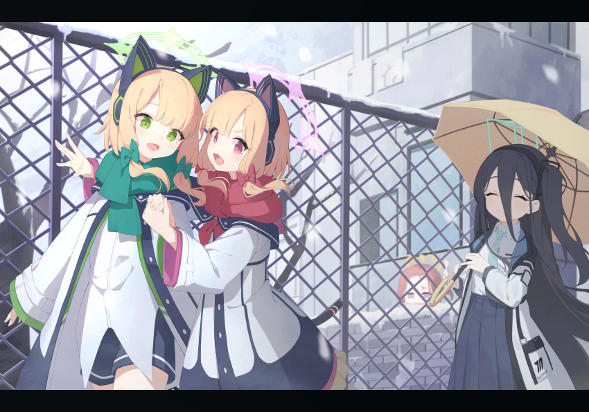 4girls ^_^ absurdres aris_(blue_archive) black_hair blonde_hair blue_archive bow cat_ear_headphones closed_eyes fence green_bow green_eyes green_scarf hair_between_eyes hair_bow halo headphones highres holding holding_umbrella jacket letterboxed long_hair midori_(blue_archive) mishuo_(misuo69421) momoi_(blue_archive) multiple_girls open_mouth outdoors red_bow red_eyes red_scarf redhead scarf short_hair siblings side_ponytail sisters smile snow twins umbrella very_long_hair white_jacket yuzu_(blue_archive)