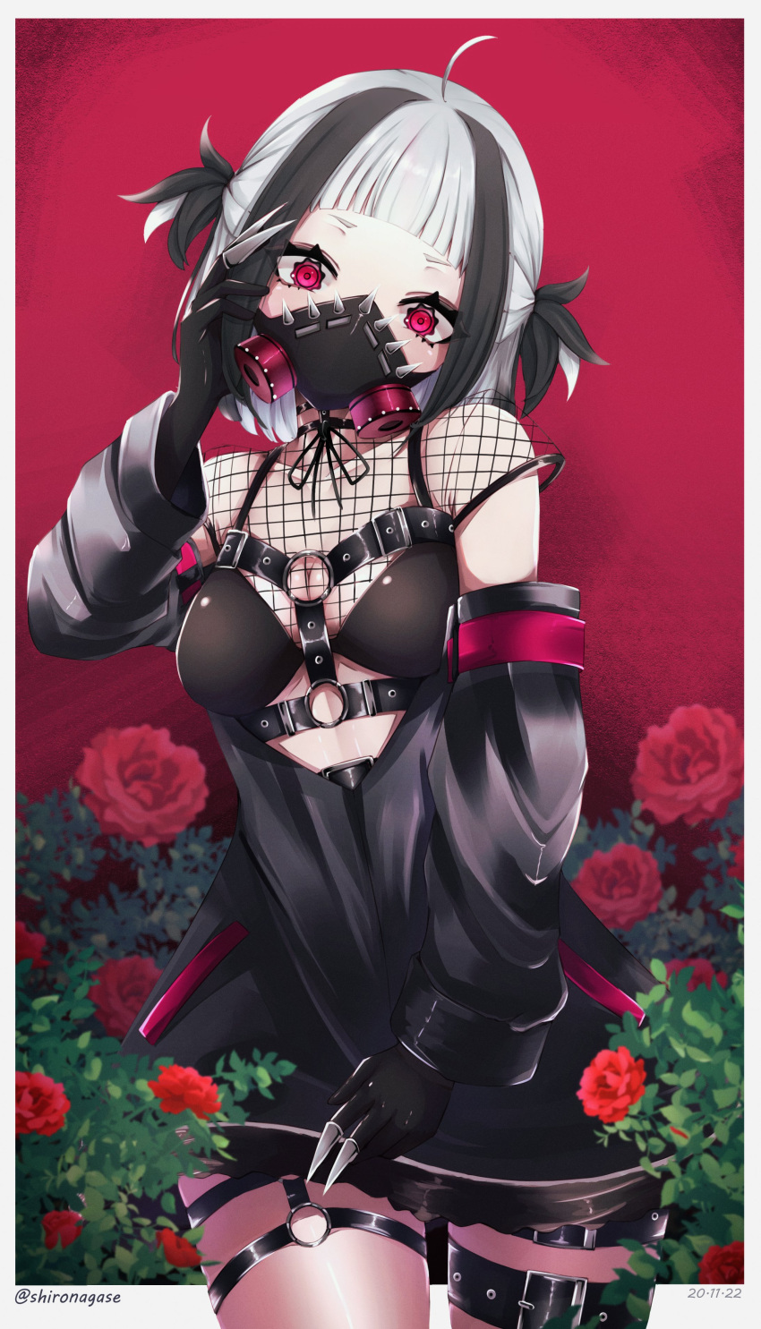 1girl absurdres belt black_bra black_gloves black_hair bra breasts fishnet_top fishnets flower gloves gradient gradient_background highres jacket looking_at_viewer mask medium_breasts neon_kuroyuri open_clothes open_jacket pink_eyes rose shironagase_(artist) short_hair solo standing underwear virtual_youtuber wactor_production white_hair