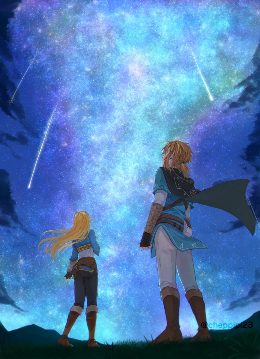 1boy 1girl aurora black_pants blonde_hair blue_shirt blue_tunic boots brown_footwear cape earrings facing_away fingerless_gloves from_above from_behind full_body gloves grass highres jewelry link long_hair looking_up low_poly medium_hair night night_sky outdoors pants pointy_ears princess_zelda shirt shooting_star sidelocks sky standing the_legend_of_zelda the_legend_of_zelda:_breath_of_the_wild tree white_pants white_shirt yayoi_(chepiiii23)
