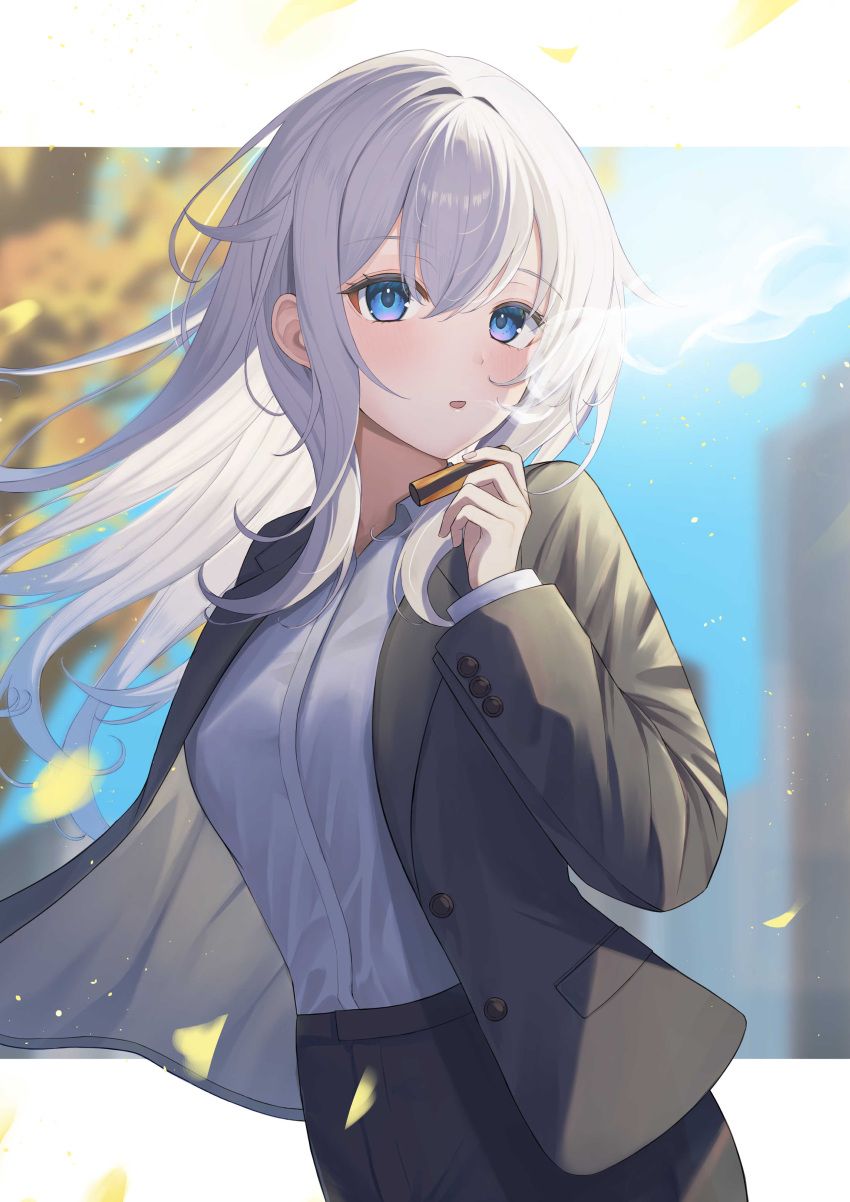 1girl absurdres bangs black_pants blue_eyes blue_sky blurry blurry_background collared_shirt commentary_request day depth_of_field dress_shirt floating_hair formal ginkgo_leaf grey_hair grey_jacket hair_between_eyes hand_up highres holding jacket leaf long_hair looking_at_viewer niccoriii open_clothes open_jacket original pant_suit pants parted_lips shirt sky smoke solo suit very_long_hair white_shirt