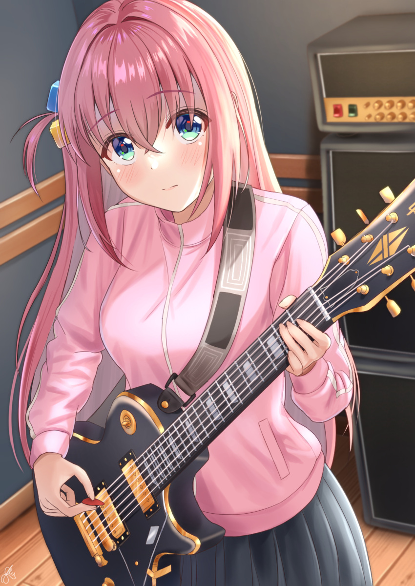 1girl akiyama0818 bangs blue_eyes blush bocchi_the_rock! breasts closed_mouth cowboy_shot crossed_bangs day electric_guitar expressionless gibson_les_paul gotou_hitori green_eyes grey_skirt guitar hair_cubes hair_ornament highres holding holding_instrument indoors instrument jacket long_hair long_sleeves looking_at_viewer medium_breasts multicolored_eyes pink_hair pink_jacket pleated_skirt shiny shiny_hair sidelocks signature skirt solo standing track_jacket wooden_floor