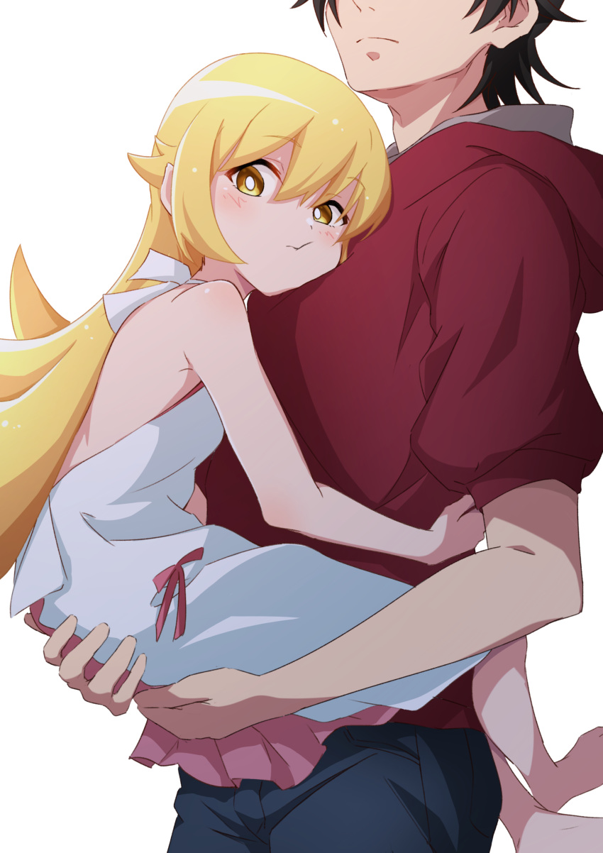 1boy 1girl absurdres araragi_koyomi bakemonogatari bare_shoulders blonde_hair blush carrying carrying_person cheek_press child_carry closed_mouth dress highres hood hoodie hug kiss-shot_acerola-orion_heart-under-blade long_hair monogatari_(series) nijizuki_shino oshino_shinobu red_hoodie sideways_mouth simple_background size_difference sleeveless sleeveless_dress vampire white_background white_dress yellow_eyes