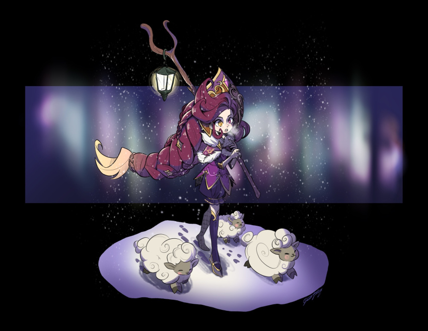 1girl animal bangs black_background blurry blurry_background capelet closed_eyes closed_mouth fur-trimmed_capelet fur_trim gem green_stellar hat heterochromia highres holding_lamp lamp league_of_legends long_hair official_alternate_costume open_mouth purple_capelet purple_shirt purple_shorts redhead running sheep shiny shiny_hair shirt shoes shorts snow snowing solo teeth thigh-highs upper_teeth winterblessed_zoe yellow_eyes zoe_(league_of_legends)