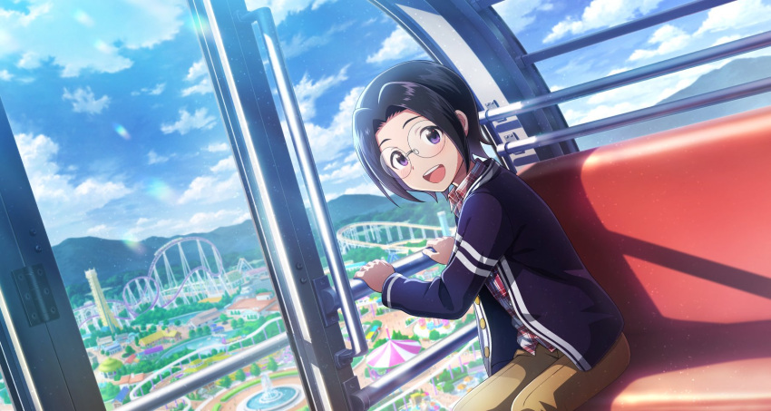 1boy amusement_park black_hair blue_sky blush clouds collared_shirt fountain glasses ground_vehicle highres idolmaster idolmaster_side-m idolmaster_side-m_growing_stars long_sleeves male_child male_focus official_art okamura_nao open_clothes open_shirt roller_coaster shirt sitting sky teeth train tree upper_teeth violet_eyes water
