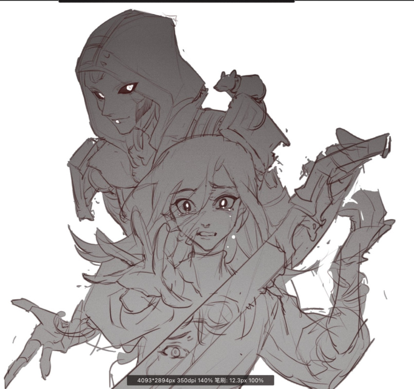 3girls android animal_on_shoulder animification apex_legends ash_(titanfall_2) ashleigh_reid chinese_commentary colored_sclera crying crying_with_eyes_open dual_persona goggles goggles_on_head greyscale highres holding holding_sword holding_weapon hood hood_up horizon_(apex_legends) jacket light_smile long_hair looking_at_viewer monochrome mouse multiple_girls open_hand outstretched_arm reflection ruu47 scared simulacrum_(titanfall) sketch smile sword tears weapon white_background