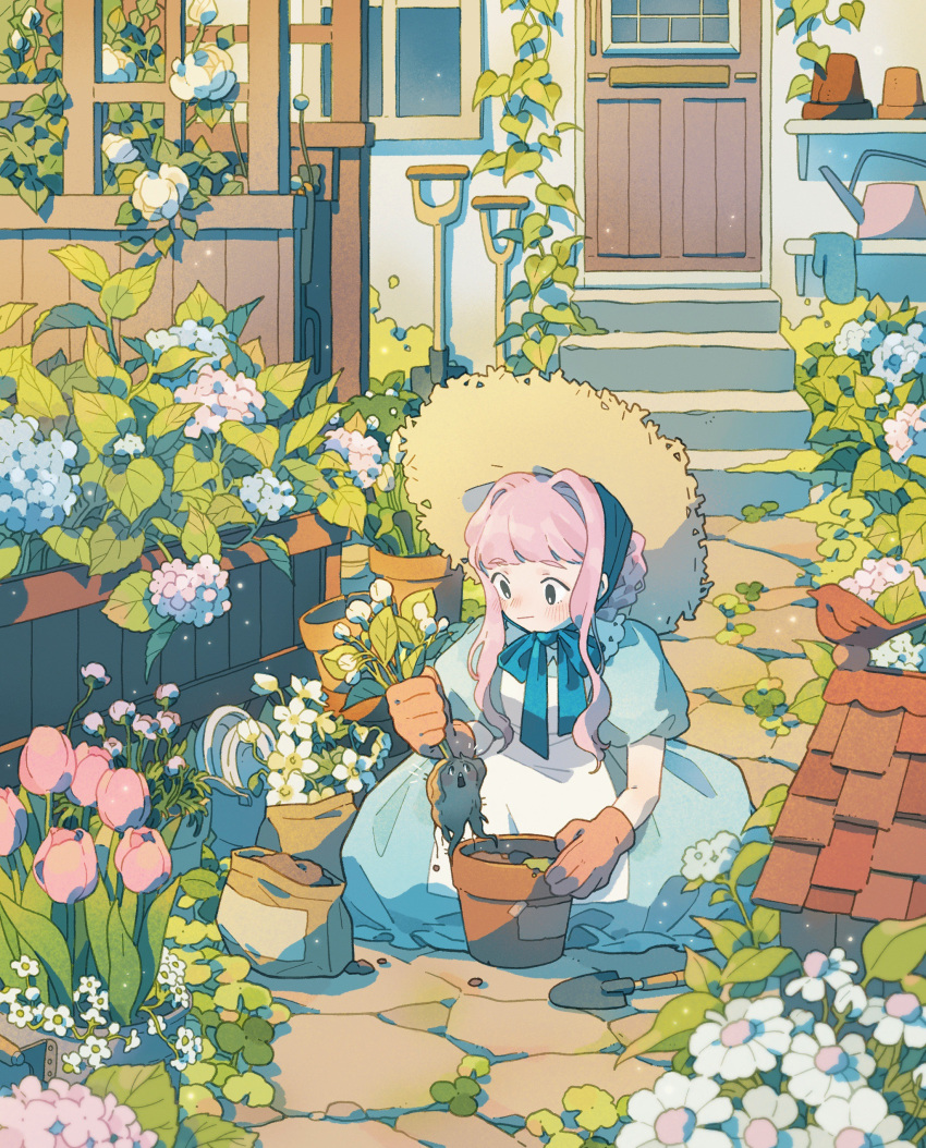 1girl absurdres apron black_eyes blue_dress blue_headwear braid braided_bun brown_gloves clover day door dress flower flower_pot frilled_dress frills full_body garden gloves hair_bun hair_intakes hat head_scarf highres holding holding_plant ivy jidu_que_mi_de_xiao_caocao lace_trim leaf mandragora original outdoors pink_flower pink_hair pink_tulip plant potted_plant procreate_(medium) puffy_short_sleeves puffy_sleeves scenery seiza short_hair_with_long_locks short_sleeves shovel sidelocks sitting soil solo stairs straw_hat sun_hat trellis tulip watering_can wavy_hair white_apron white_flower