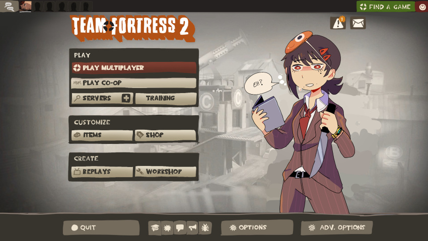 1girl belt blush brown_hair collared_shirt copyright_name cosplay cowboy_shot disguise_kit_(team_fortress) english_text enthusiast's_timepiece formal game_screenshot_background hair_ornament hairclip higashiyama_kobeni highres holding holding_knife holding_weapon jiansketch knife mask mask_on_head mole mole_under_eye mole_under_mouth necktie pants pochita_(chainsaw_man) pochita_(chainsaw_man)_(cosplay) red_eyes red_necktie shirt solo speech_bubble spy_(tf2) spy_(tf2)_(cosplay) striped striped_pants striped_suit suit sweatdrop team_fortress_2 weapon