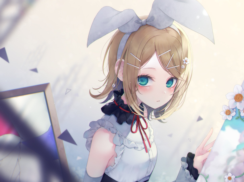 1girl 25-ji_night_code_de._(project_sekai) bare_shoulders blonde_hair blue_eyes bow detached_sleeves flower frilled_sleeves frills hair_bow hair_ornament hairclip kagamine_rin long_sleeves looking_at_viewer medium_hair project_sekai sionoe vocaloid white_bow white_flower