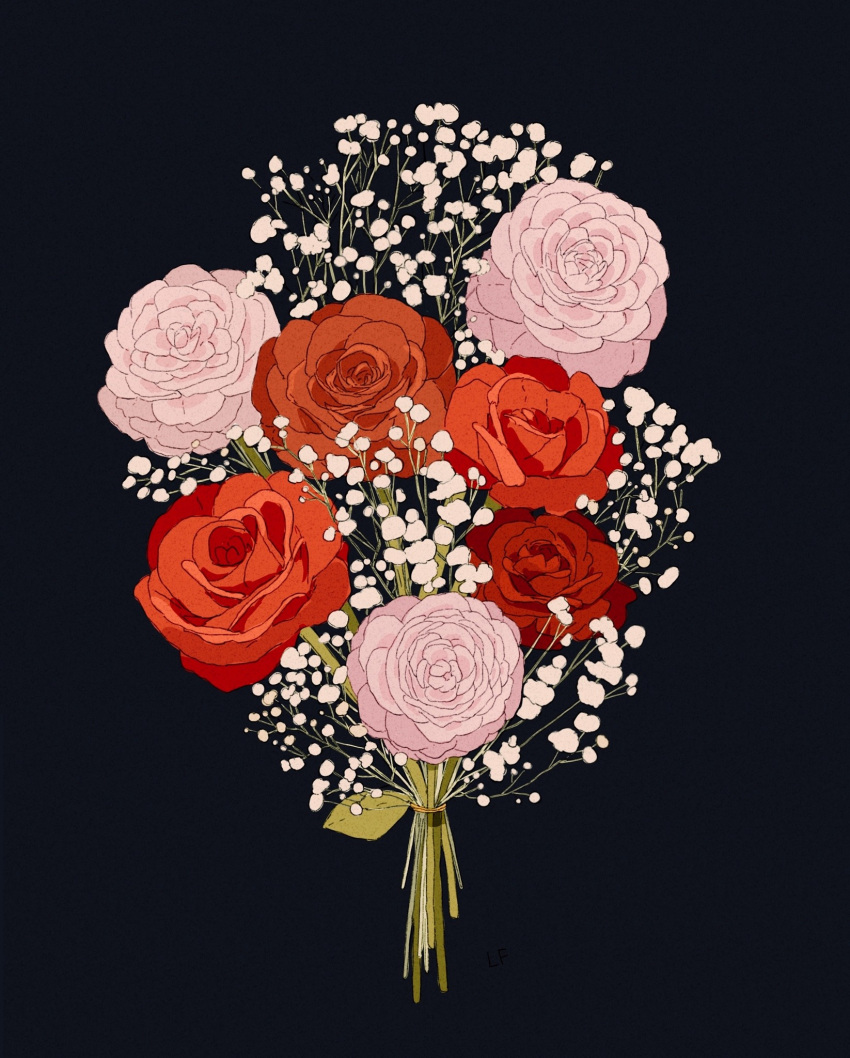 baby's-breath black_background bouquet camellia commentary commission english_commentary flower highres leaf libbyframe no_humans original pink_flower plant red_flower red_rose rose signature simple_background still_life white_flower