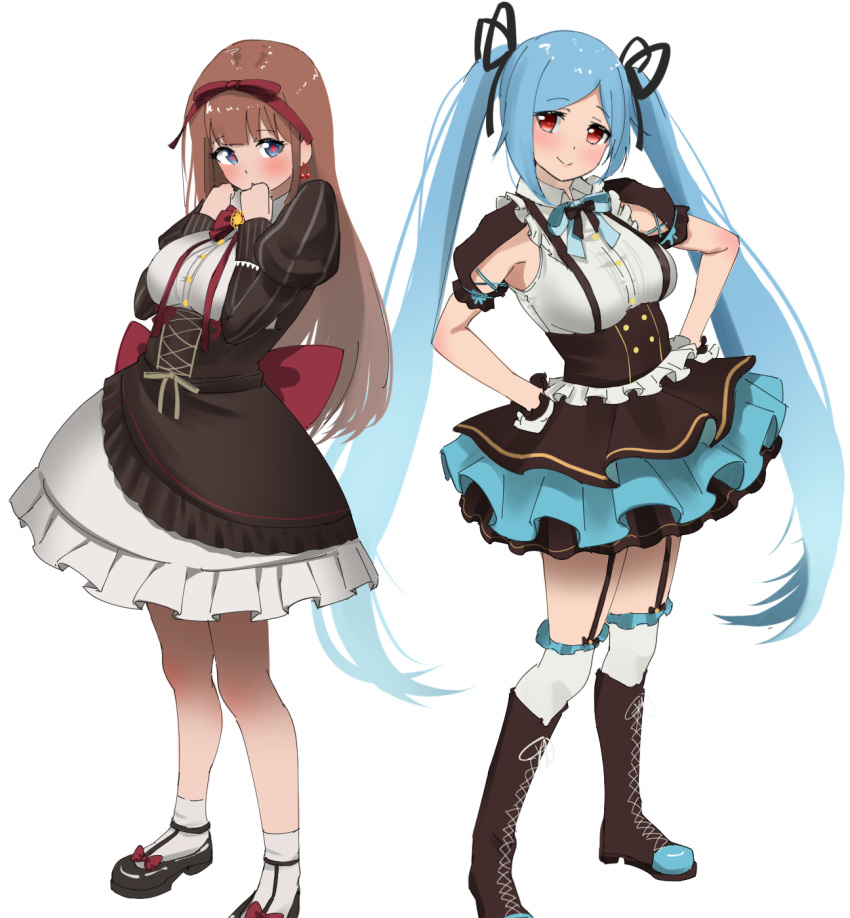 .live 2girls blue_hair blush boots breasts brown_hair cross-laced_footwear cross-shaped_pupils dress frilled_skirt frills garter_straps hair_ribbon hands_on_hips highres juliet_sleeves kakyouin_chieri knee_boots large_breasts long_hair long_sleeves miniskirt multiple_girls puffy_sleeves red_eyes ribbon short_dress skirt symbol-shaped_pupils tama_(tamago) thigh-highs twintails underbust very_long_hair virtual_youtuber yamato_iori