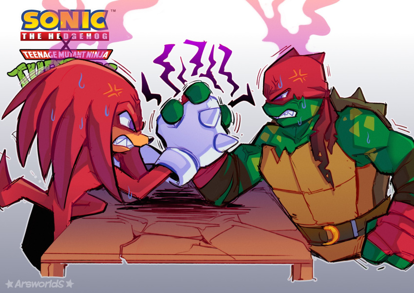 2boys anger_vein angry annoyed arm_wrestling arsworlds clenched_teeth commentary crossover fangs furious furry furry_male glaring gloves highres holding_hands knuckles_the_echidna male_focus mask multiple_boys ninja raphael_(tmnt) sonic_(series) spikes steaming_body sweat table tail teenage_mutant_ninja_turtles teeth turtle v-shaped_eyebrows violet_eyes white_gloves