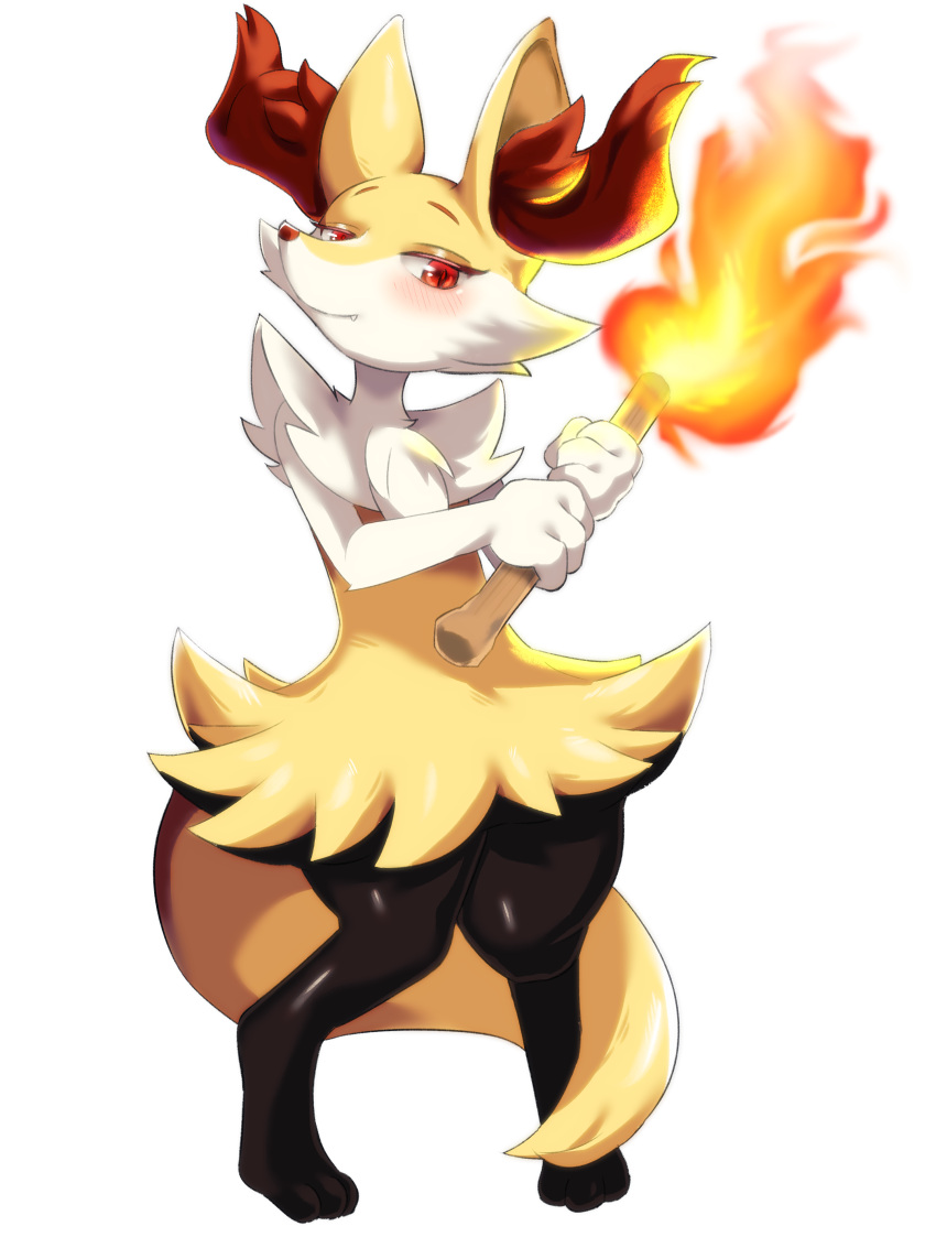 1girl absurdres animal_ear_fluff animal_ears animal_feet animal_hands animal_nose black_fur blush body_fur braixen closed_mouth commentary ddingyong fang fang_out fire flat_chest fox_ears fox_girl fox_tail full_body fur_collar furry furry_female half-closed_eyes hands_up highres holding holding_stick knees_together_feet_apart multicolored_fur own_hands_together pigeon-toed pokemon pokemon_(creature) red_eyes shiny shiny_skin simple_background snout solo standing stick tail transparent_background white_fur yellow_fur