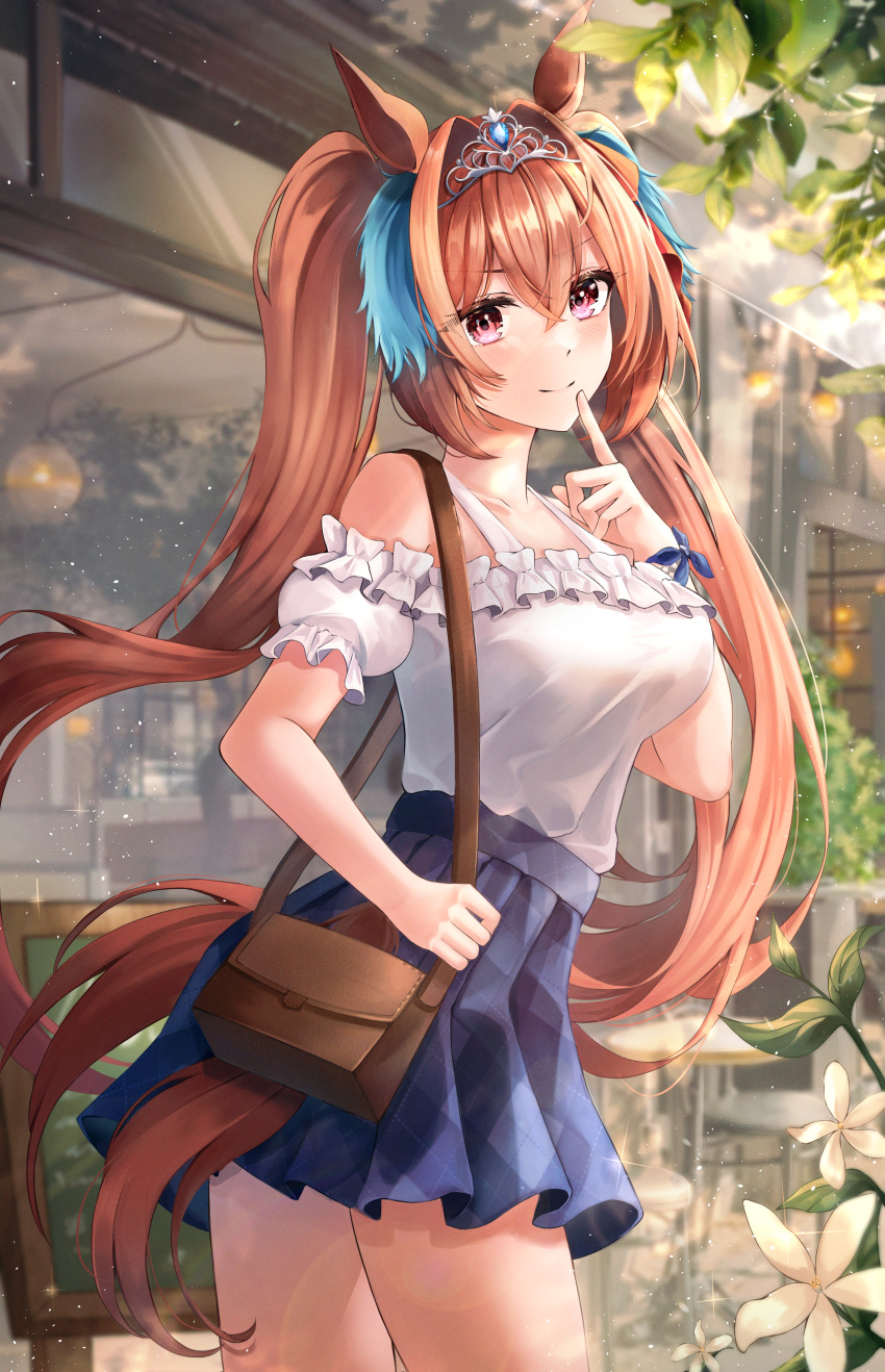 1girl absurdres animal_ears bag bangs bare_shoulders blue_hair blue_skirt blurry blurry_background blush breasts brown_bag casual ceiling circle_skirt closed_mouth collarbone cowboy_shot crossed_bangs daiwa_scarlet_(umamusume) dating day finger_to_face flower frilled_shirt frills handbag highres holding holding_bag horse_girl large_breasts light_particles long_hair multicolored_hair off-shoulder_shirt off_shoulder orange_hair outdoors pink_eyes shiny shiny_hair shirt sidelocks silverrain_72 skirt smile solo standing stool streaked_hair table tail tiara tree twintails umamusume white_flower white_shirt window