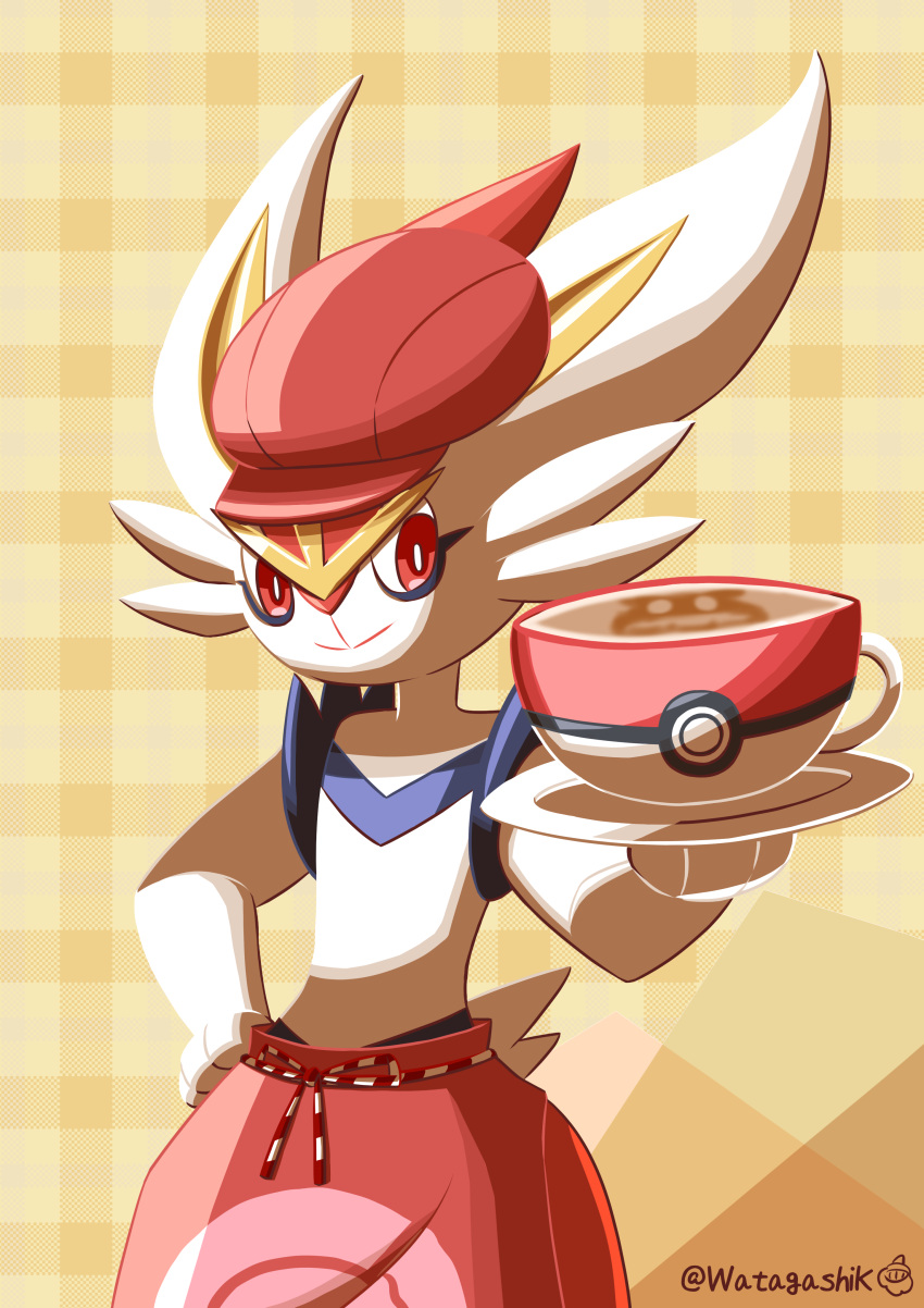 absurdres animal_ears apron body_fur brown_background cabbie_hat cinderace closed_mouth clothed_pokemon coffee commentary_request cup furry hand_on_hip hat hatted_pokemon highres holding holding_saucer looking_at_viewer plaid plaid_background poke_ball_theme pokemon pokemon_(creature) pokemon_cafe_mix rabbit_ears red_apron red_eyes red_headwear redhead saucer signature smile solo standing tail teacup twitter_username waist_apron watagashikn white_fur