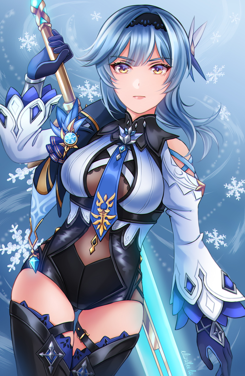 1girl bangs black_leotard black_thighhighs blue_hair claymore_(sword) commentary eula_(genshin_impact) genshin_impact greatsword hair_between_eyes hair_ornament hairband highres holding holding_sword holding_weapon ice_crystal leotard lili_messaina long_sleeves looking_at_viewer medium_hair necktie sidelocks simple_background skyward_pride_(genshin_impact) solo sword thigh-highs vision_(genshin_impact) weapon yellow_eyes zettai_ryouiki