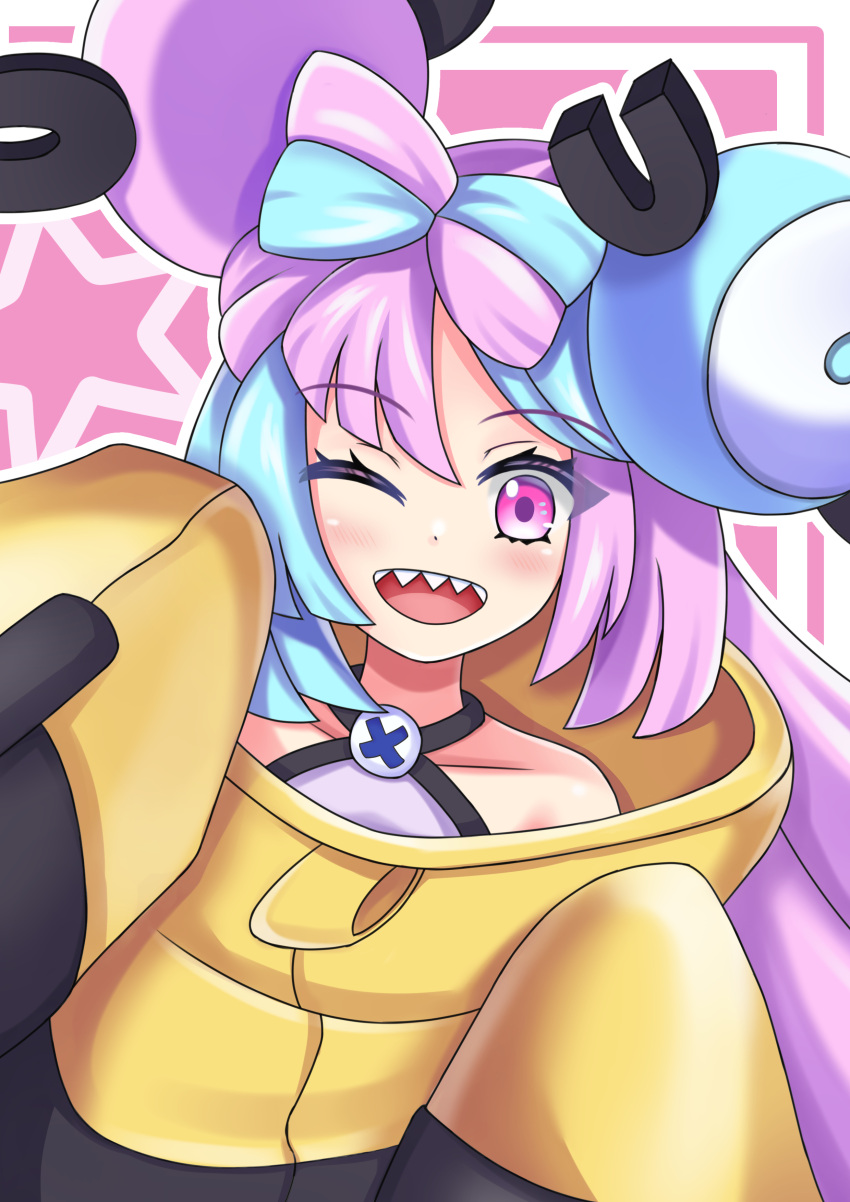 1girl absurdres blue_hair bow-shaped_hair character_hair_ornament hair_ornament highres iono_(pokemon) jacket multicolored_hair oversized_clothes pink_hair pokemon pokemon_(game) pokemon_sv ptvm7432 sharp_teeth sleeves_past_fingers sleeves_past_wrists solo split-color_hair teeth very_long_sleeves x yellow_jacket