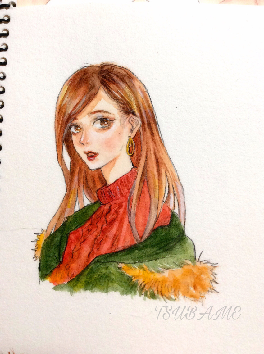 1girl absurdres artist_name brown_eyes brown_hair coat earrings fur_trim green_coat highres jewelry lipstick long_hair looking_at_viewer makeup original painting_(medium) red_sweater solo sweater traditional_media upper_body watercolor_(medium) white_background yamatotsubame