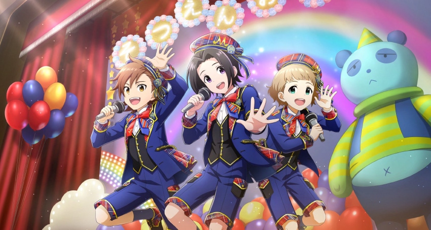 3boys balloon black_hair bow bowtie brown_hair buttons fingernails hat highres himeno_kanon holding holding_microphone idolmaster idolmaster_side-m idolmaster_side-m_growing_stars male_child male_focus microphone mofumofuen_(idolmaster) multiple_boys official_art okamura_nao open_hand open_mouth rainbow shoelaces shoes stage stuffed_animal stuffed_panda stuffed_toy tachibana_shiro_(idolmaster) teeth upper_teeth violet_eyes