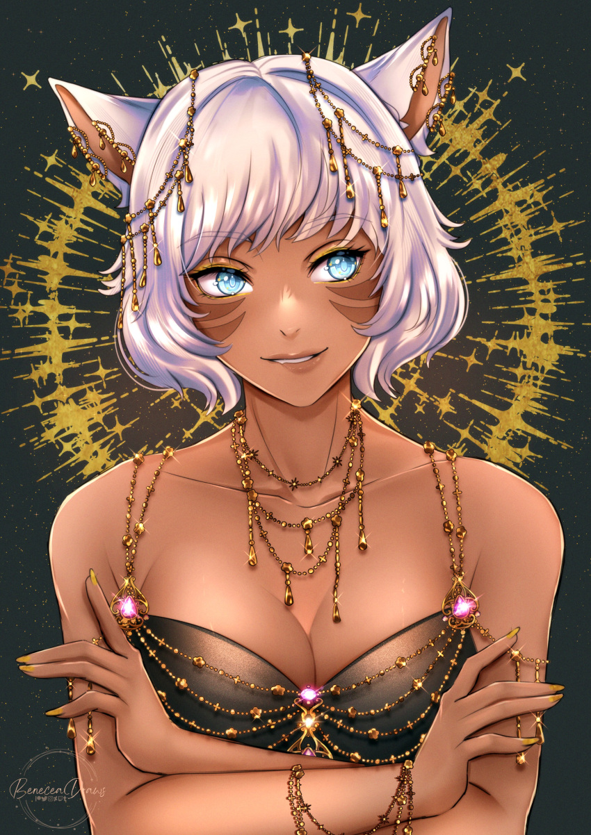 1girl absurdres animal_ears bangs biting breasts cat_ears collarbone crossed_arms dress earrings facial_mark final_fantasy final_fantasy_xiv gold_earrings gold_nails gold_necklace grey_eyes highres jewelry lip_biting looking_to_the_side medium_breasts miqo'te necklace pixie_(pixieinktvis) short_hair solo strapless strapless_dress upper_body whisker_markings white_hair y'shtola_rhul