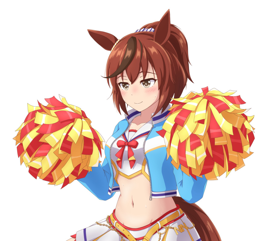 alternate_costume alternate_hairstyle animal_ears blush brown_eyes cheerleader commentary_request groin highres horse_ears horse_girl horse_tail jacket midriff navel nice_nature_(run&amp;win)_(umamusume) nice_nature_(umamusume) pom_pom_(cheerleading) redhead shiodanx smile sweat tail umamusume white_background
