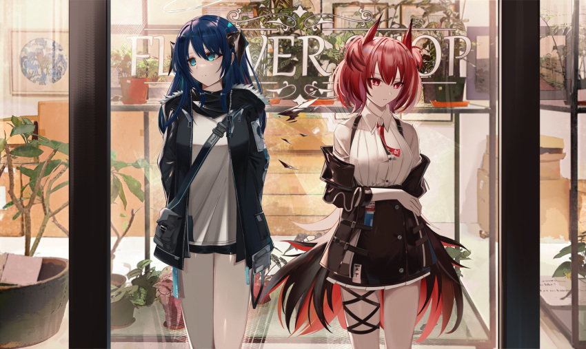 2girls arknights arms_behind_back black_jacket black_skirt blitzkrieg_(index_unknown) blue_eyes blue_hair blue_shorts breasts closed_mouth collared_shirt dress_shirt fiammetta_(arknights) highres hood hood_down hooded_jacket horns jacket long_sleeves medium_breasts mostima_(arknights) multiple_girls off_shoulder open_clothes open_jacket parted_lips red_eyes redhead shirt short_shorts shorts skirt white_shirt window